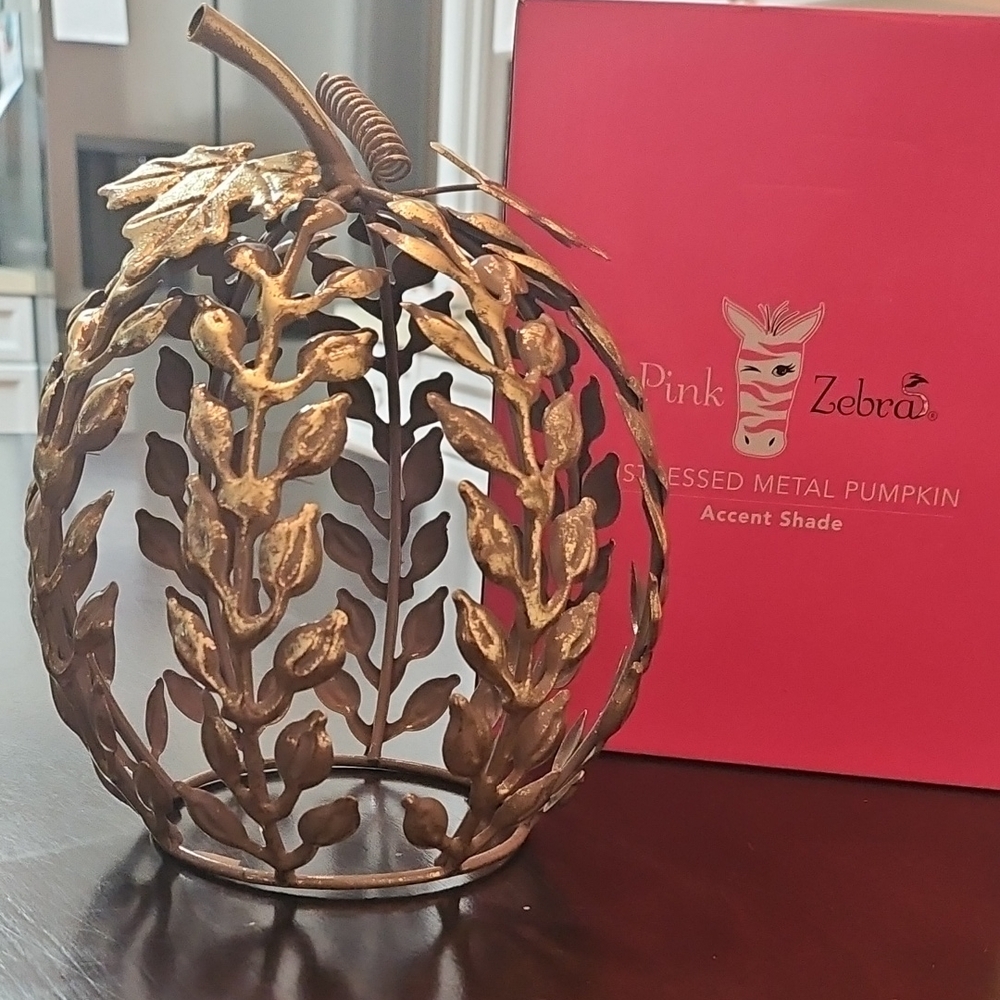 Pink Zebra Distressed Gold Metal Pumpkin Decor